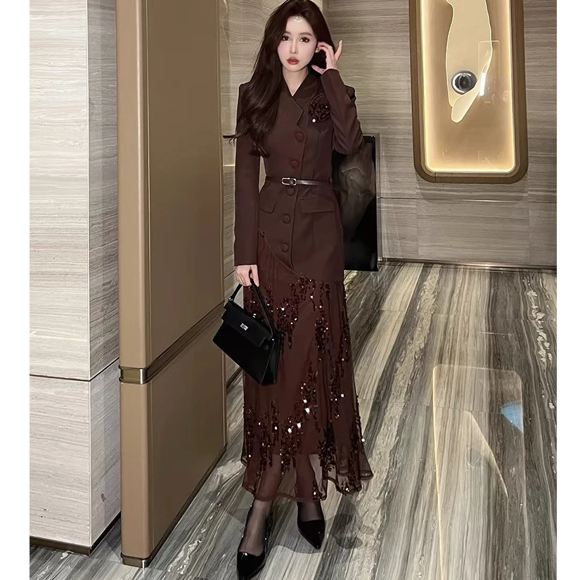 【腰带+胸花】 西装连衣裙女2024秋冬新款显瘦裙子网纱长裙9267