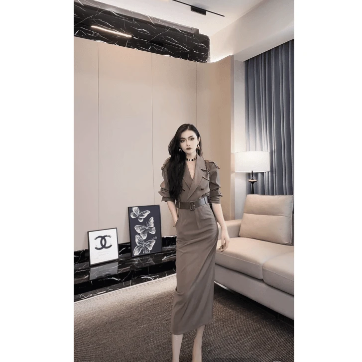 赠腰带秋季新款2024收腰显瘦时尚气质设计金扣风衣连衣裙9150