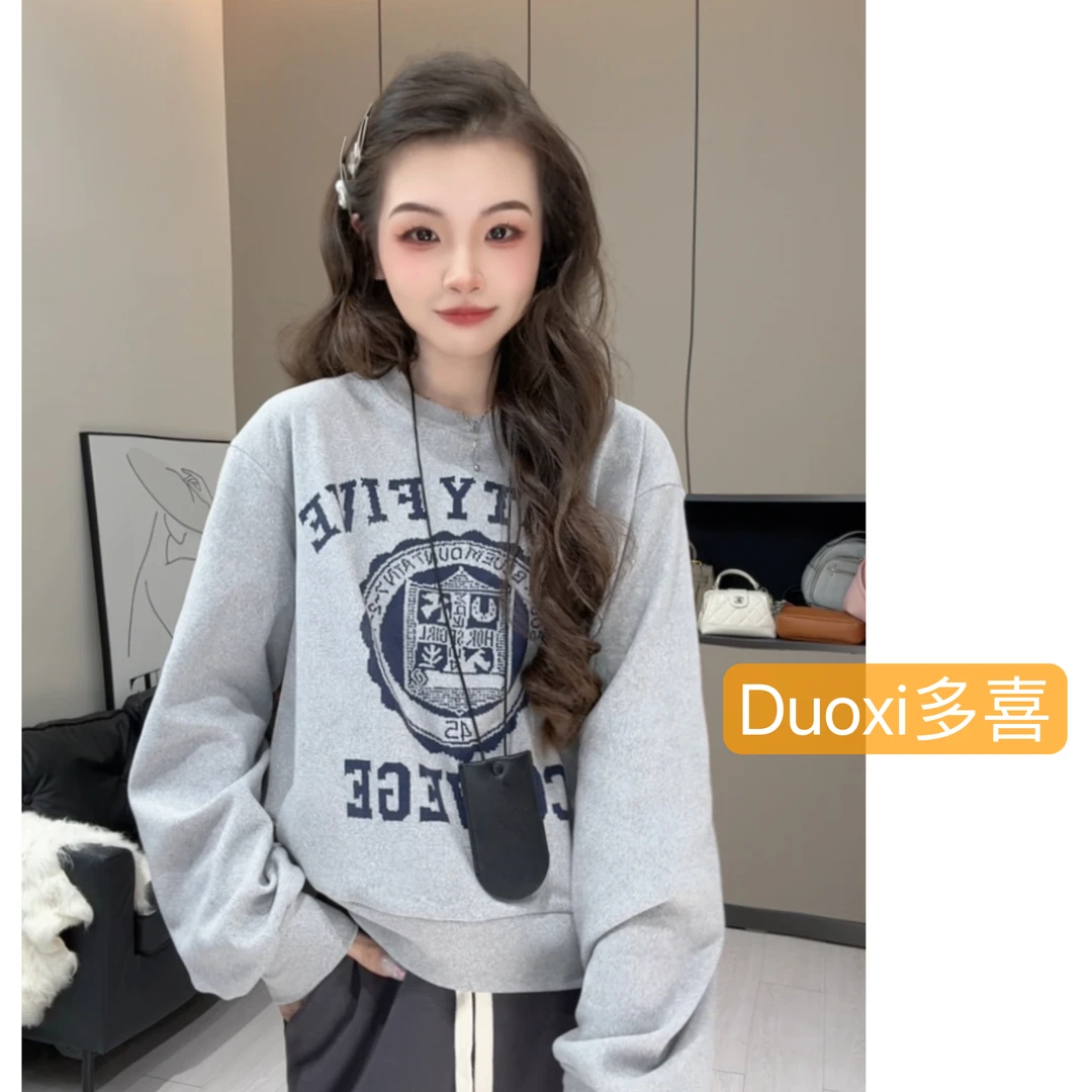 【Duoxi】"徽章图"G051# 休闲时尚百搭秋冬设计长袖T恤加绒加厚