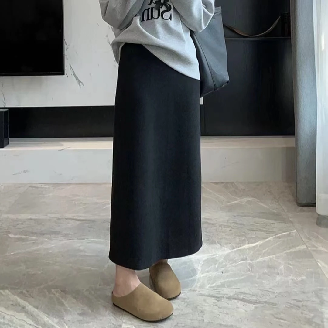 【Duoxi】"直筒裙" 冬季气质简约后开叉加厚加绒半身裙显瘦
