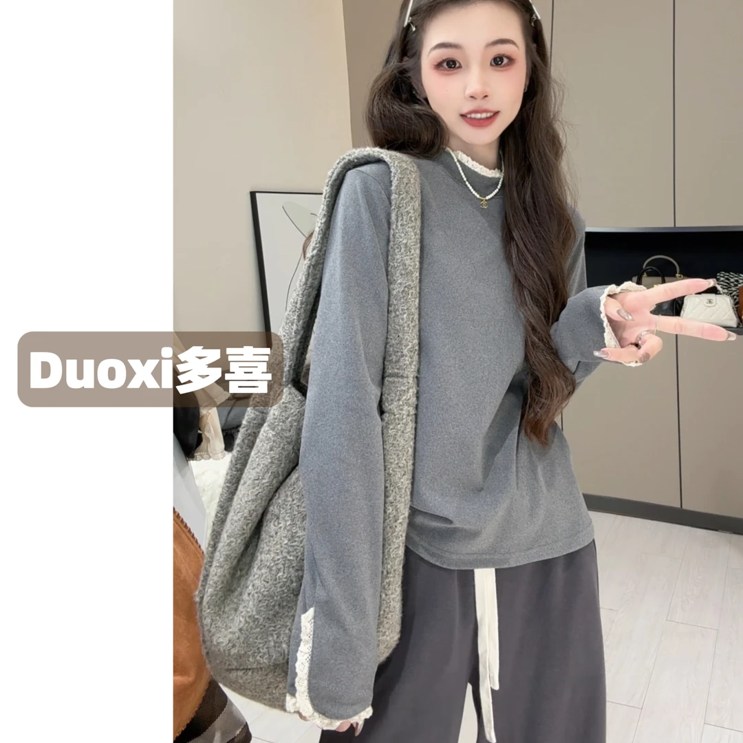 【Duoxi】"花边打底"G066# 双面慕斯绒休闲百搭秋冬设计长袖T恤