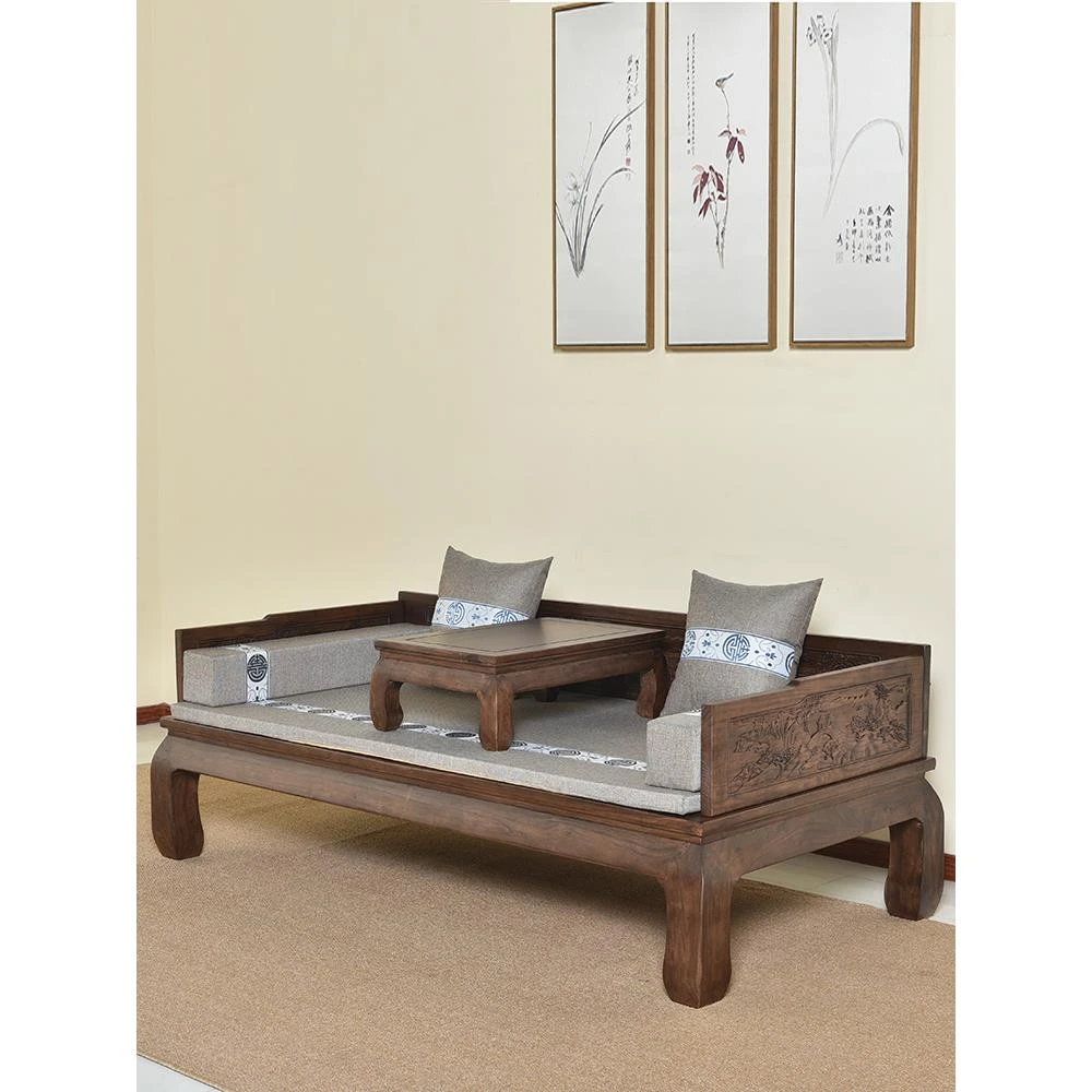 新中式罗汉床实木简约沙发床老榆木明清仿古卧榻禅意雕花榫卯家具