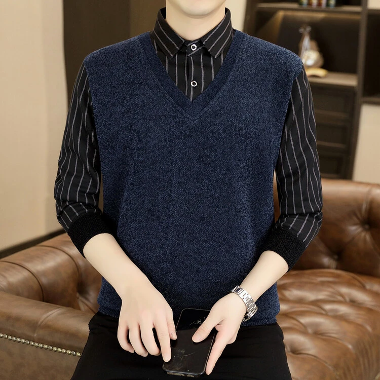 假两件衬衫男士秋冬季新款潮流拼接衬衣高端条纹保暖时尚内搭上衣