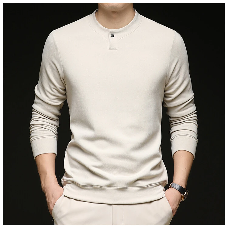 双面德绒长袖男圆领带扣中年秋衣纯色内搭加厚打底衫爸爸秋装上衣