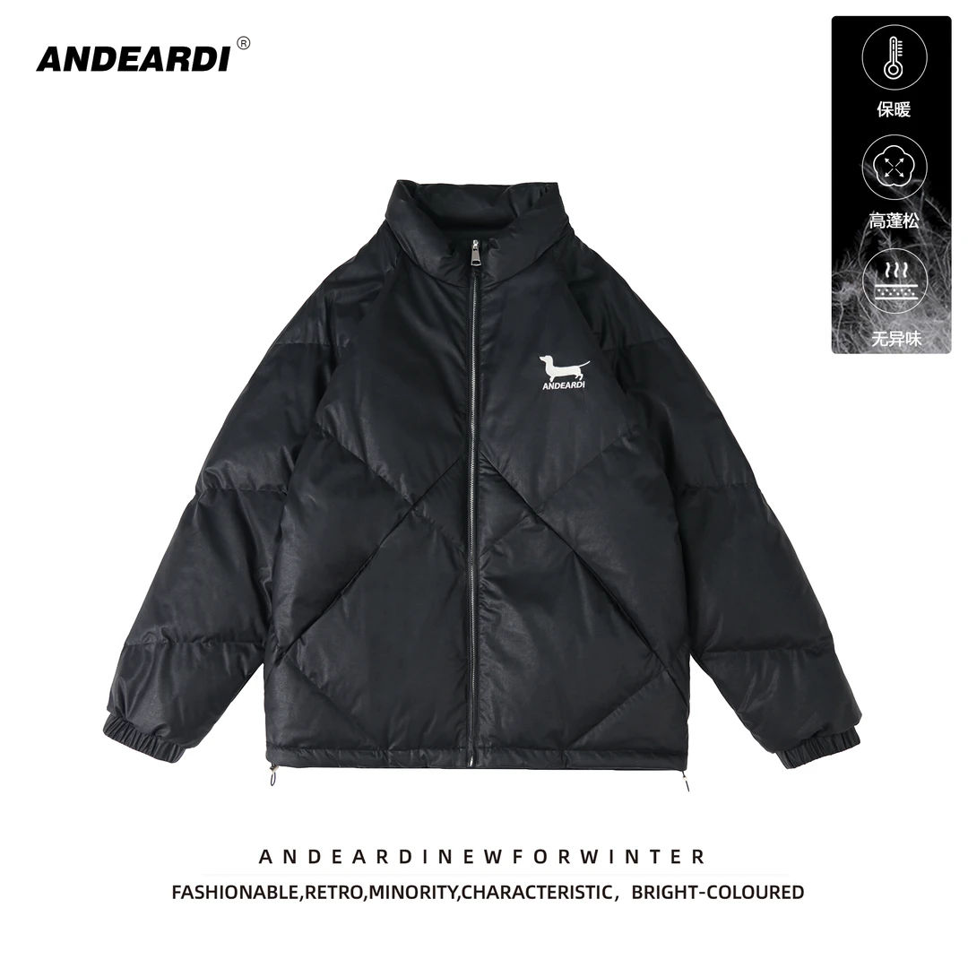 ANDEARDI美式潮牌羽绒服小字母刺绣PU皮羽绒男女潮牌外套