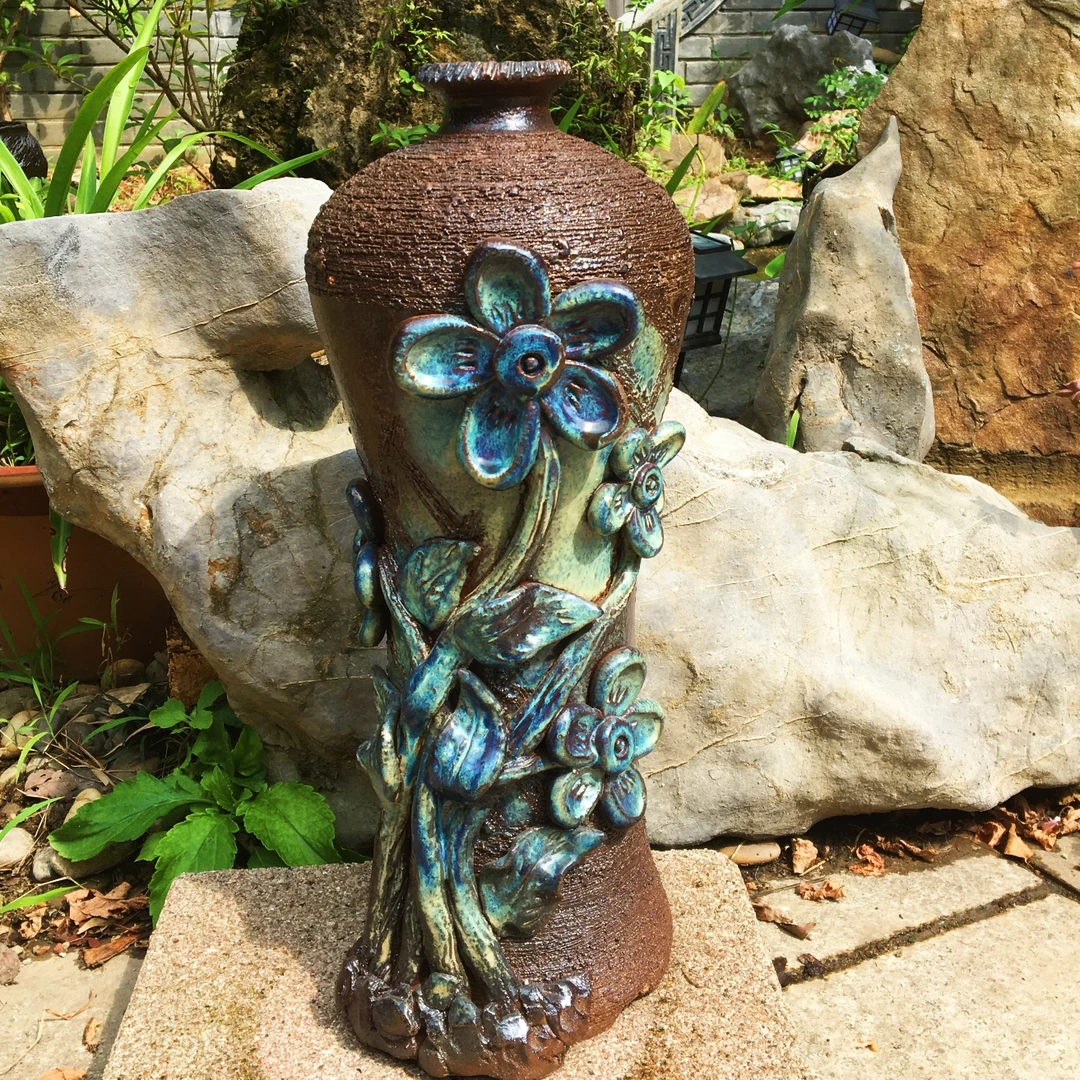 一花珍藏典藏款手工柴烧花瓶花插摆件花盆(总高42cm)