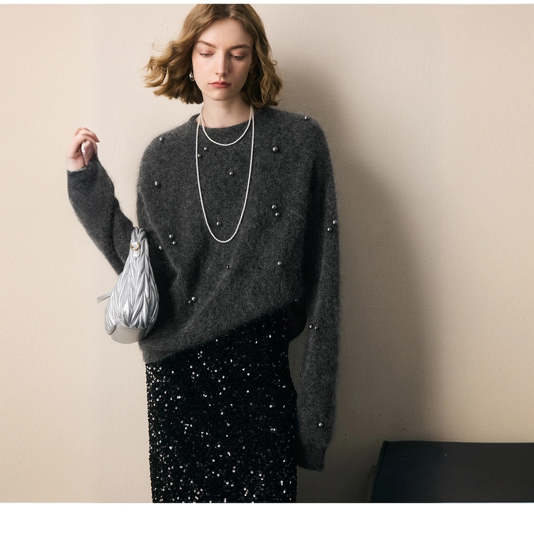 法曼萱马海毛亮片针织衫女小个子秋冬慵懒风宽松圆领上衣