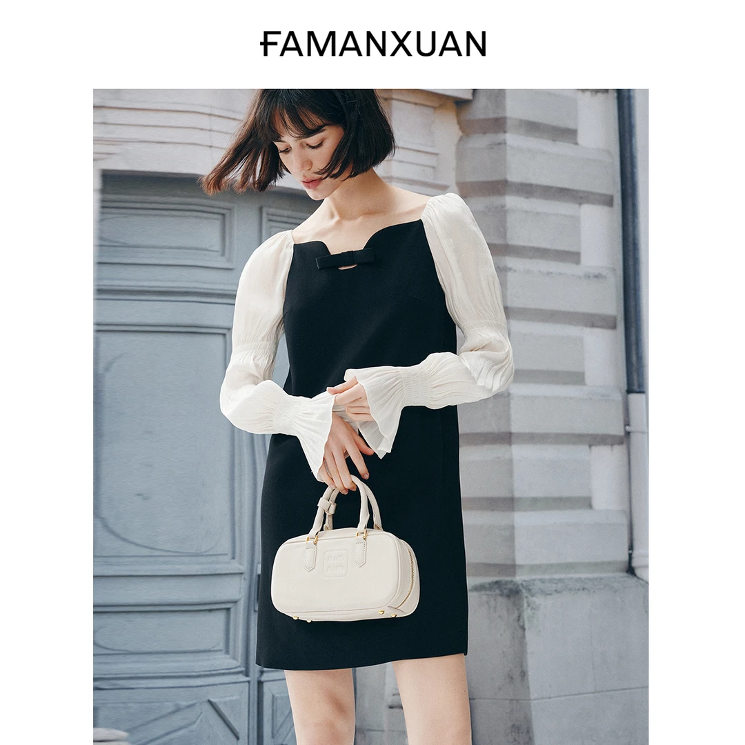 法曼萱法式泡泡袖长袖连衣裙女高级感新款撞色拼接修身裙子