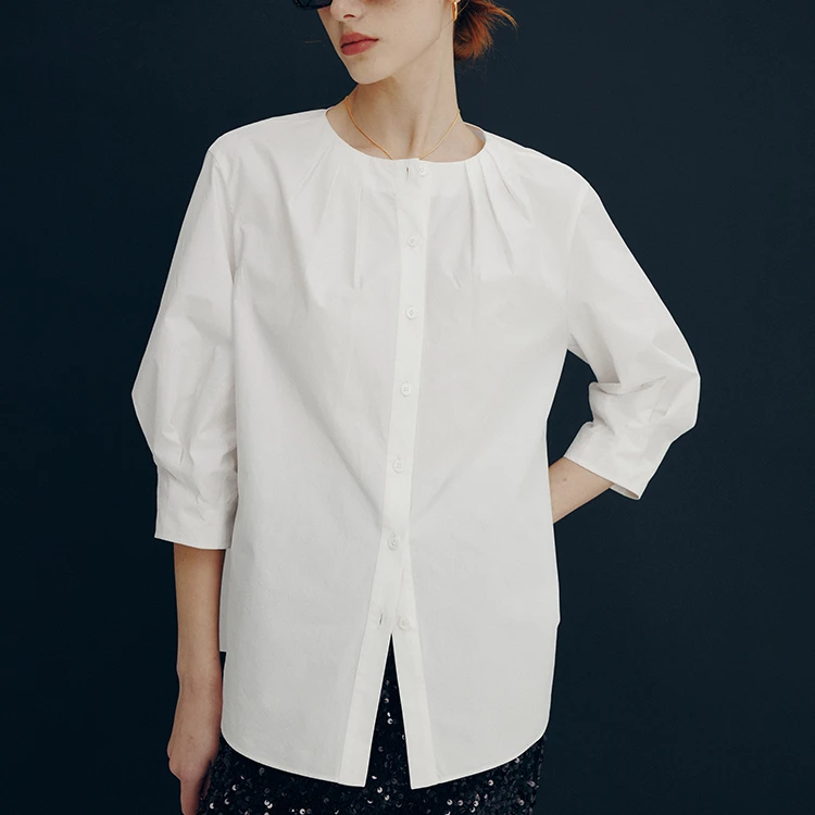 法曼萱法式灯笼袖白衬衫女高级感2025春夏新款纯棉七分袖圆领上衣