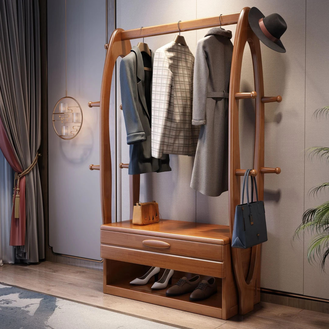 实木衣帽架换鞋凳落地卧室玄关挂衣架北欧客厅门口衣服架子简约