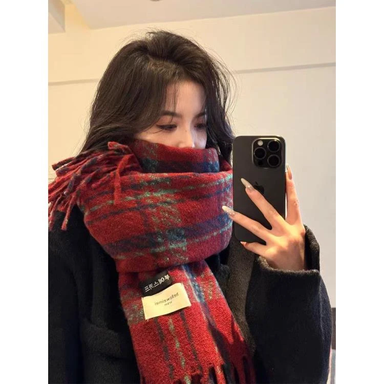 格子围巾女冬季2024新款仿羊绒酒红色围脖女秋冬氛围感高级感百搭