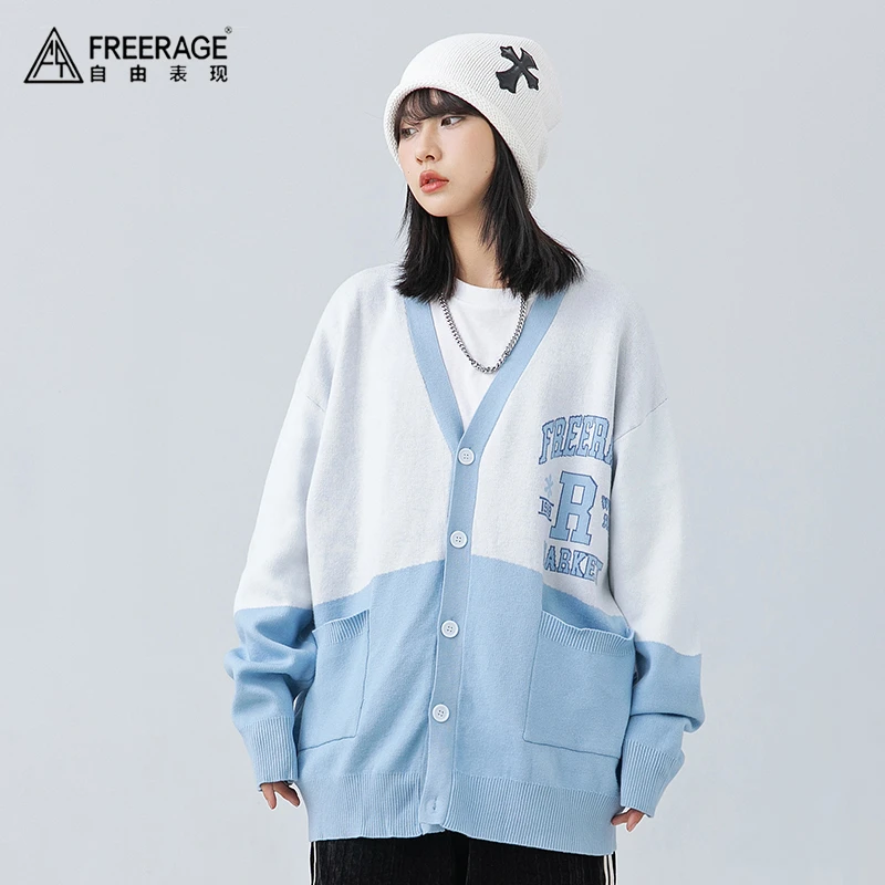 FreeRage/自由表现宽松休闲新款潮流v领开衫毛衣情侣同款外套小众