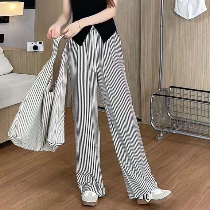 条纹阔腿裤女2024夏季新款高腰宽松显瘦时尚直筒裤高个子休闲长裤