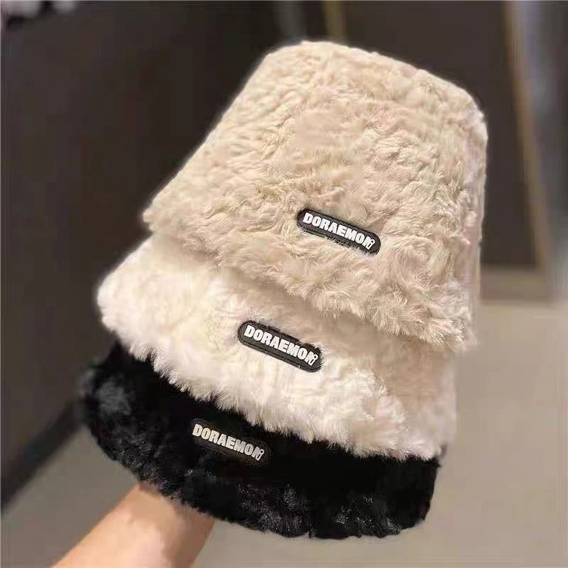 女童白色毛毛渔夫帽子秋冬2023新款加绒保暖韩版百搭素颜水桶盆帽