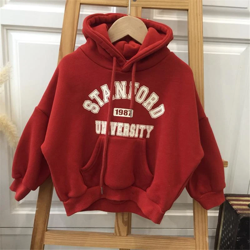儿童连帽加绒卫衣冬装新款男童女童红色宝宝帽衫棉摇粒绒上衣