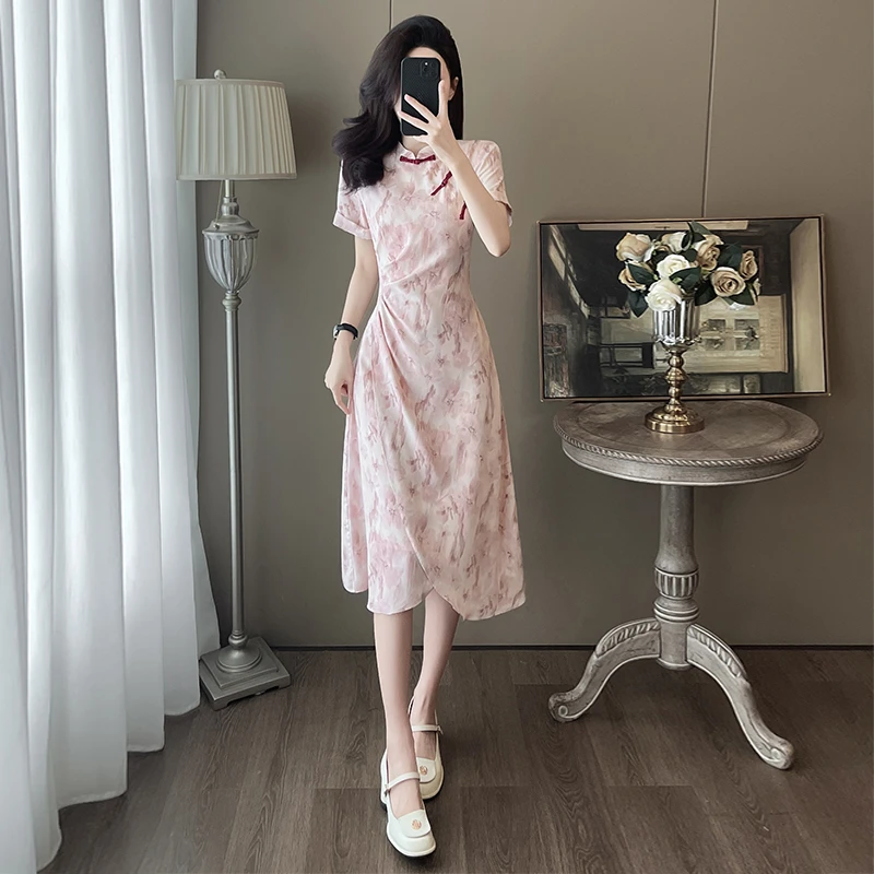 2024夏季新中式高级感气质漂亮短袖连衣裙女温柔甜美收腰显瘦裙子