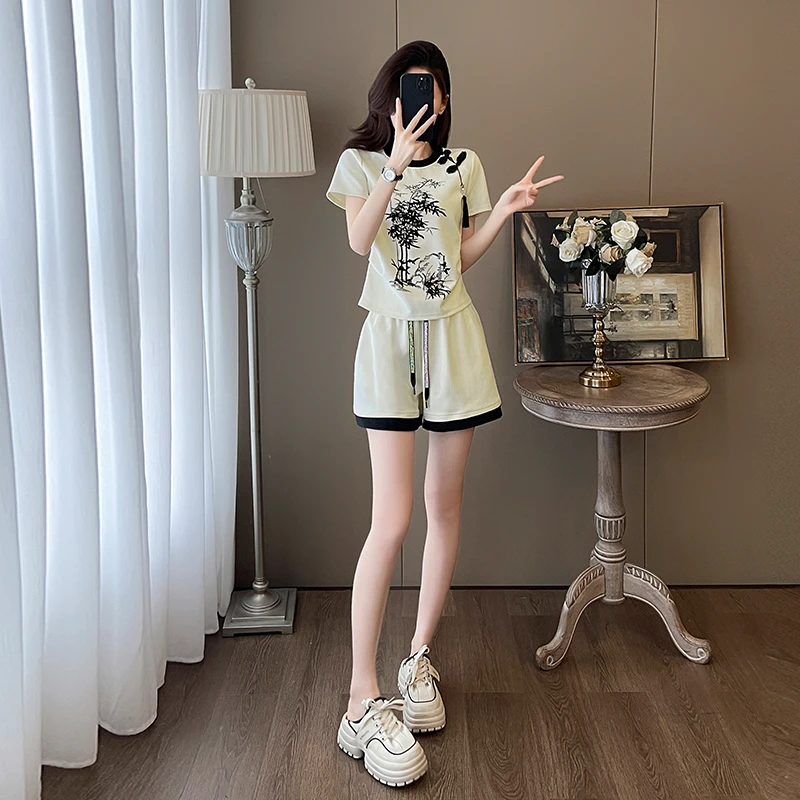 小个子穿搭一整套女夏季时尚减龄国风短袖T恤休闲运动短裤两件套
