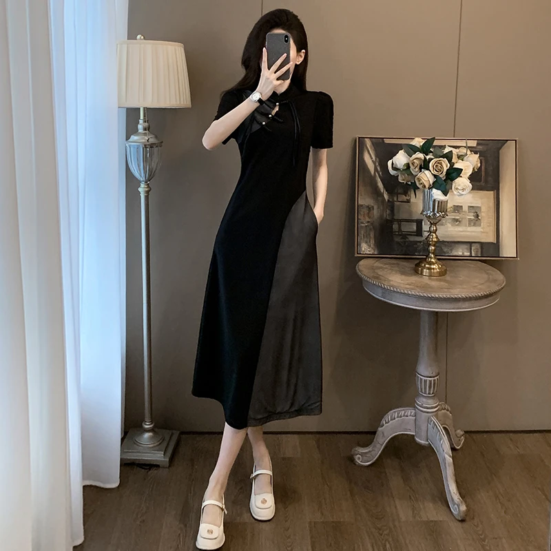 小众设计新中式黑色连衣裙女夏季高级感收腰显瘦气质绝美拼接长裙