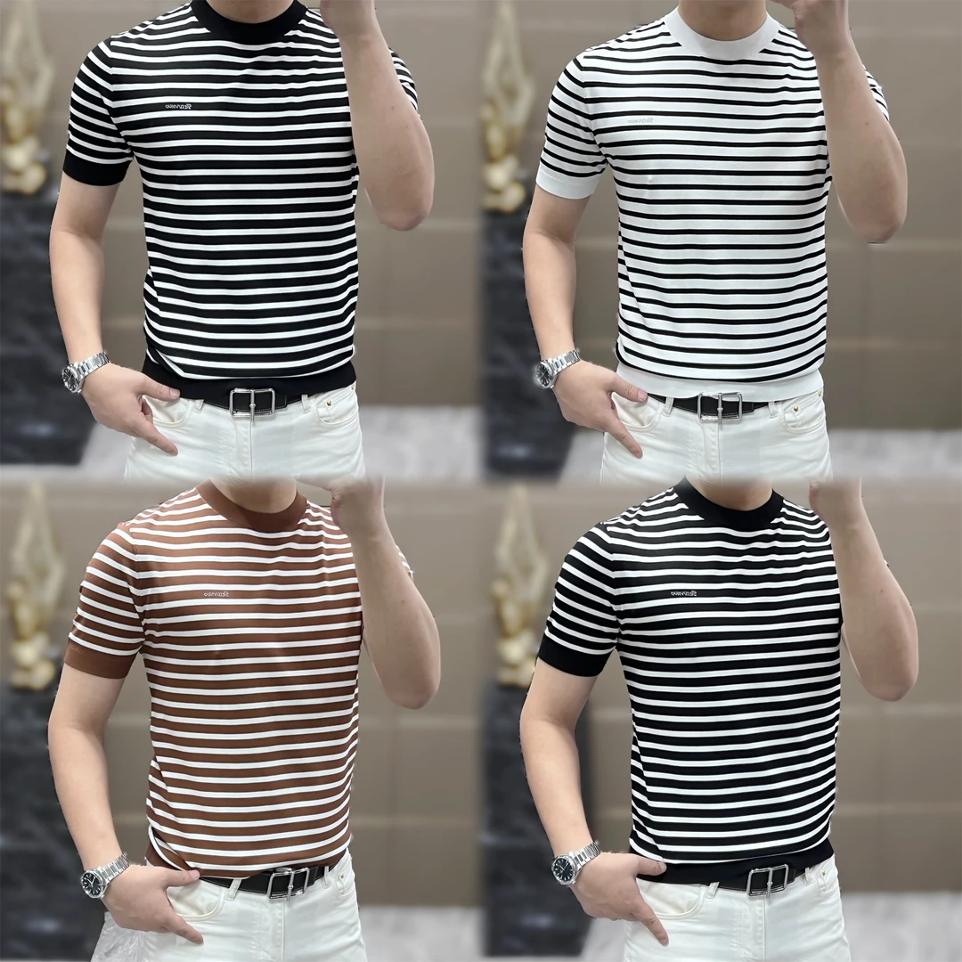 【熙怡】夏季新款伊力特设计简洁高级百搭低调男士横条纹短袖 M-133