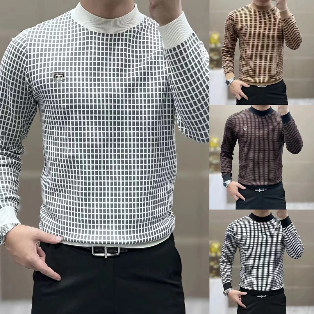 【XI.YI/熙怡】 秋冬男士休闲百搭时尚潮流格子长袖针织衫  96-6812