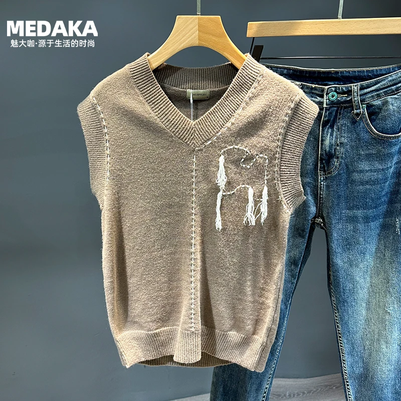 高端V领无袖开衫毛衣男春秋季修身休闲复古小众百搭坎肩针织背心