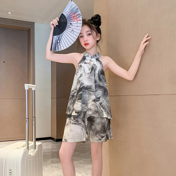 小语晗晗女童挂脖水墨画套装短裤网红洋气雪纺两件套儿童韩版夏季