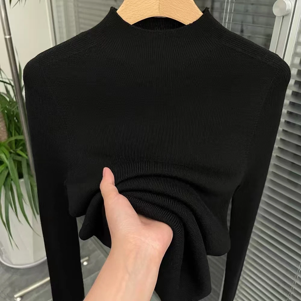 时尚紧身半高领针织显瘦长袖洋气女士保暖加绒小衫