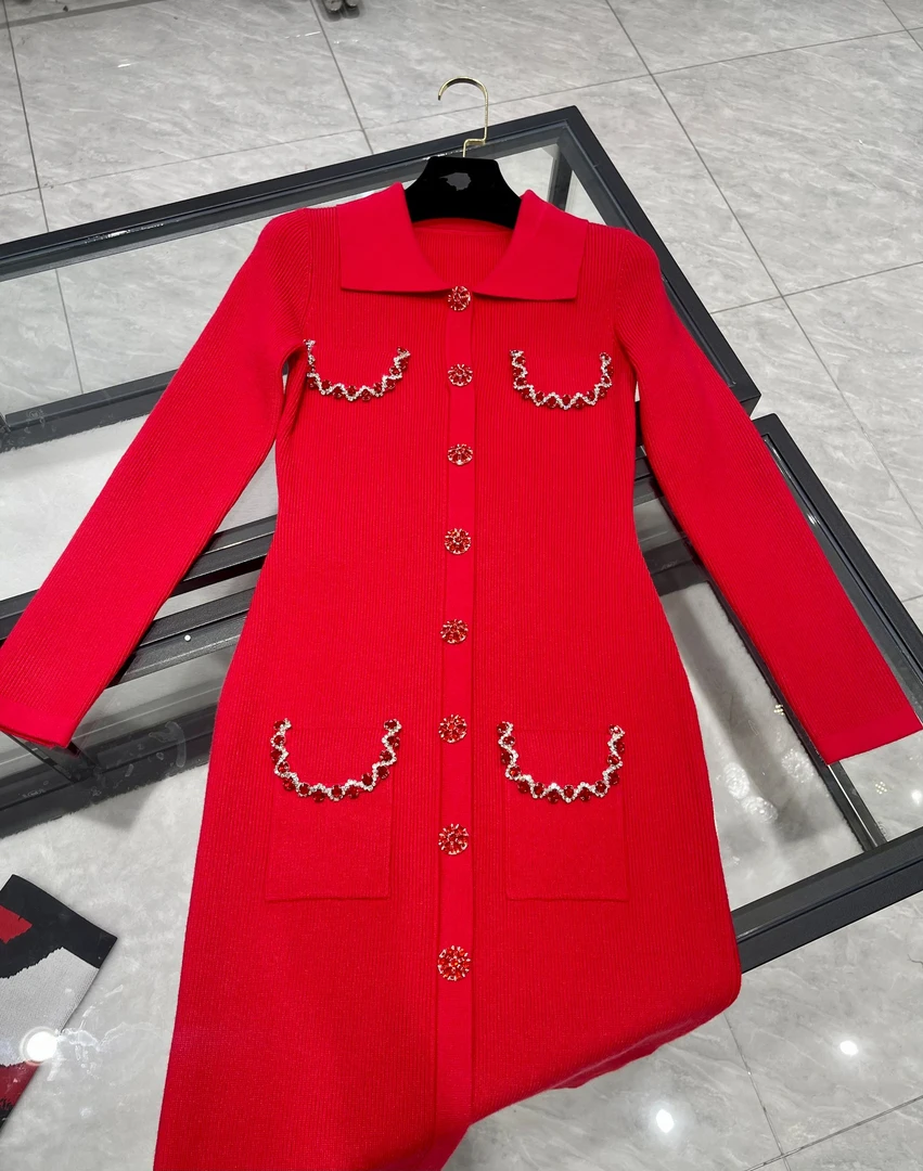 【332】修身时尚包臀名媛长袖法式收腰复古高腰针织气质小众连衣裙