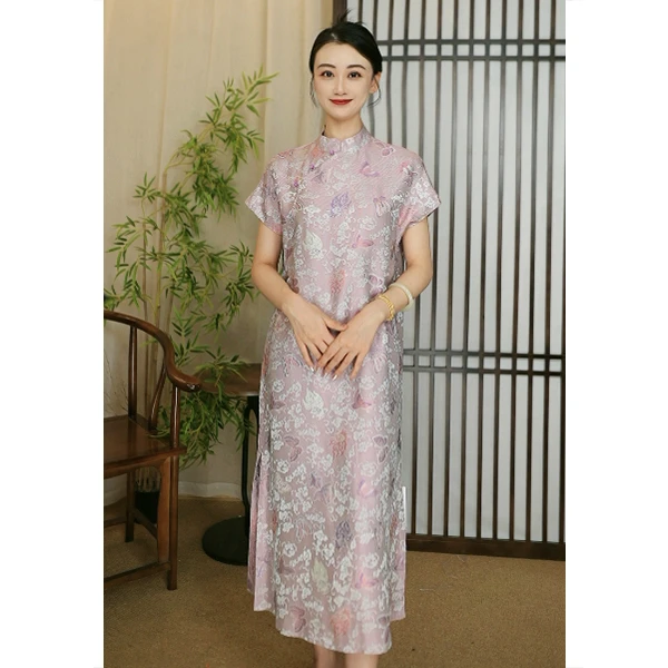 【林典】『桃夭』 桑蚕丝金鱼闹彩蝶宋锦异色罗连衣裙001