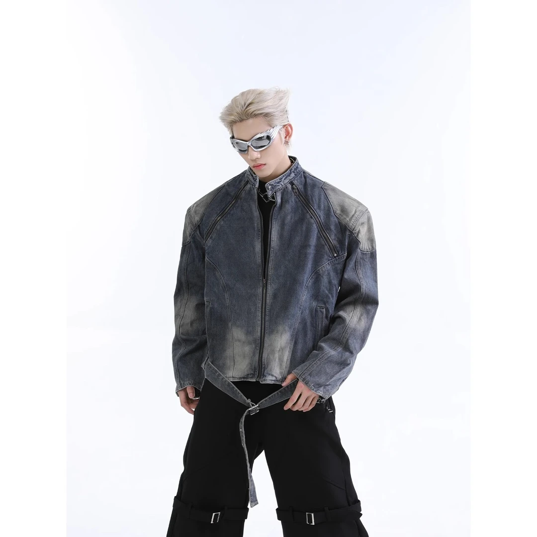 2024新款小众解构做旧水洗立领绑带牛仔夹克 高街时髦外套上衣男