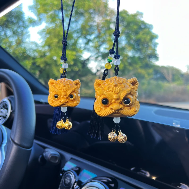 醒狮 黄杨木雕原创国潮挂饰原木手把件后视镜车挂件钥匙扣-单只装