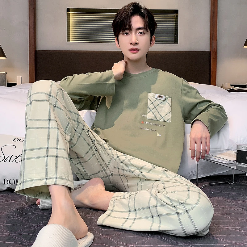 睡衣男纯棉长袖春秋天2023年新款可外穿青少年冬季男士家居服套装