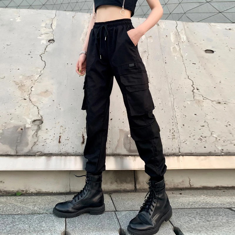 工装裤女款爆款2024新款束脚秋冬加绒黑色高腰直筒哈伦休闲运动裤