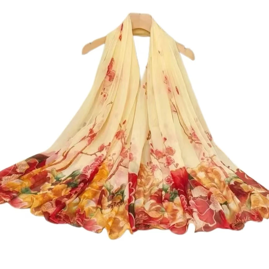 牡丹围巾鳄鱼皱1.8米长1.4米宽时尚百搭女士印花大方洋气高档丝巾