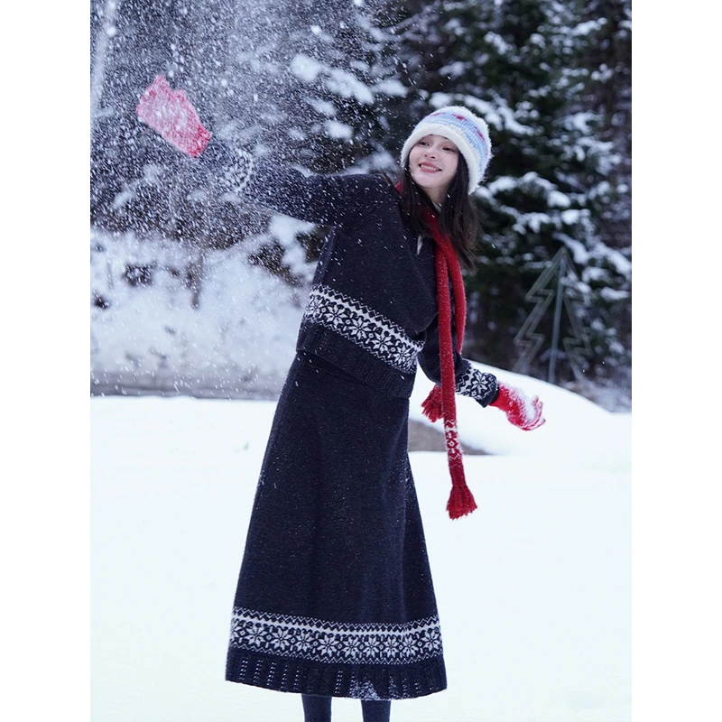 浮生八记“初雪套装”复古雪花费尔岛毛衣半裙针织套装