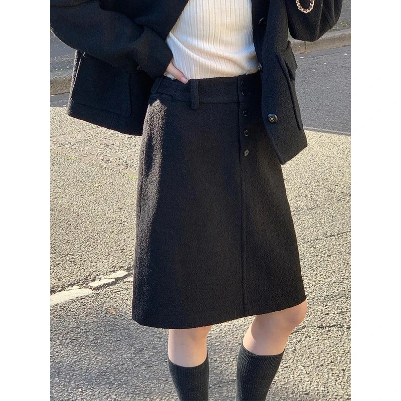 浮生八记“刘易斯小镇”复古色织条纹羊毛毛呢优雅中裙排扣半身裙