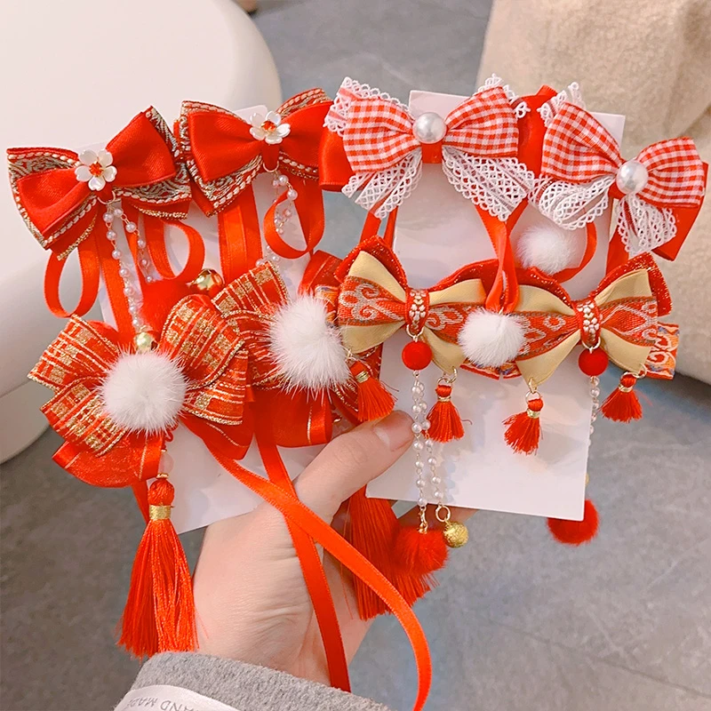 萌宝宝  儿童新年发饰发夹中国风宝宝红色拜年头花古风女童汉服头