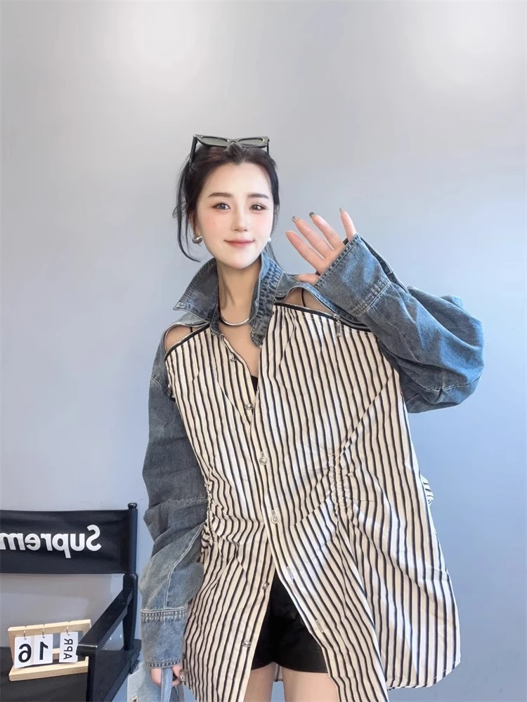 欧洲站女装欧货潮衬衫裙女设计感小众宽松拼接露肩条纹衬衫女