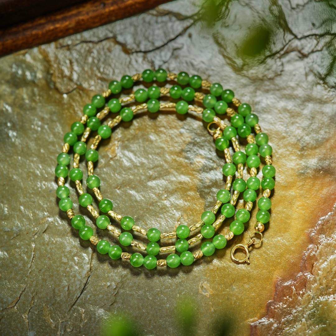 靖翠·典藏级和田玉苹果绿18K金美人链AD1279约4mm长度49