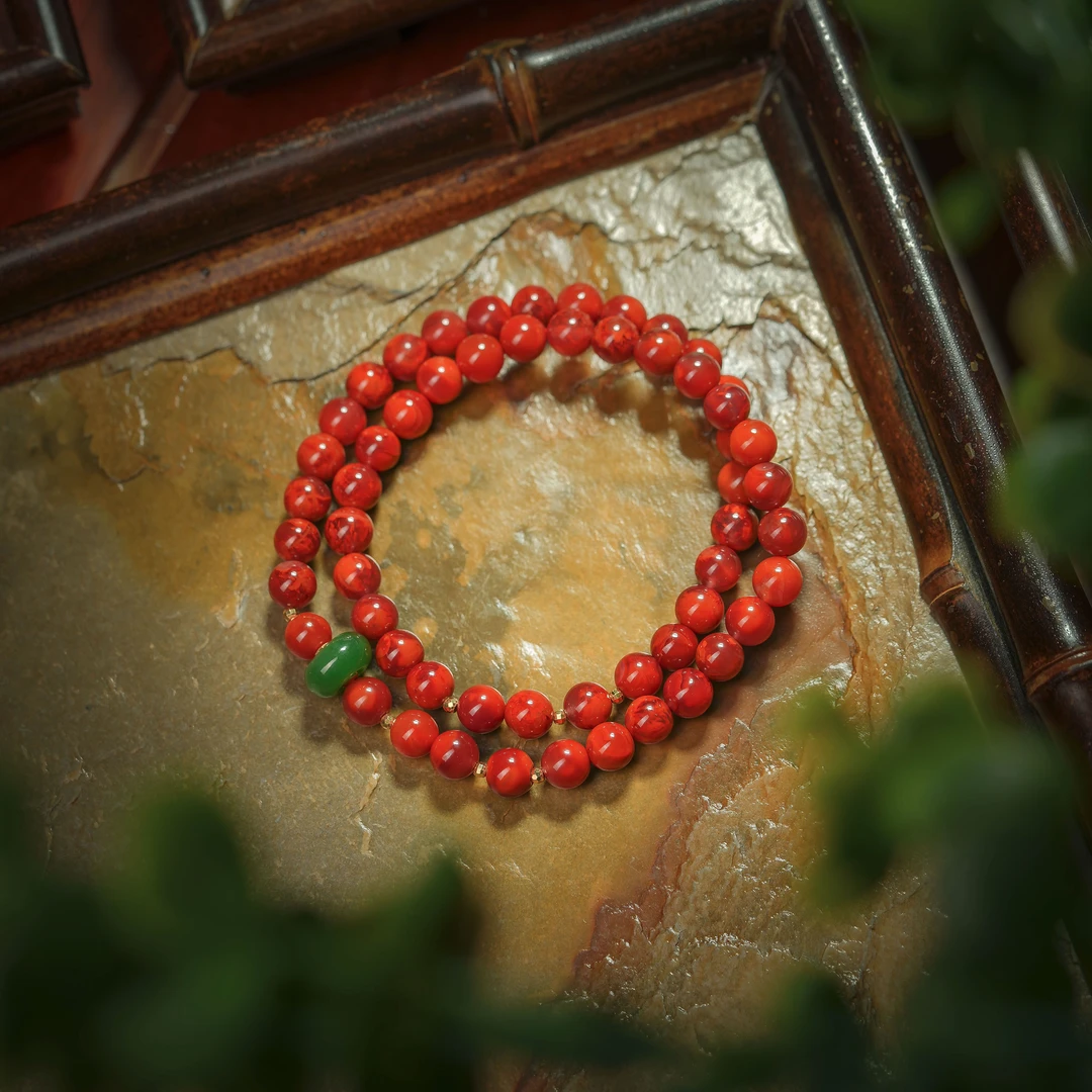 锦眉·精品南红牛血红18K金双圈手串AS0697约6mm