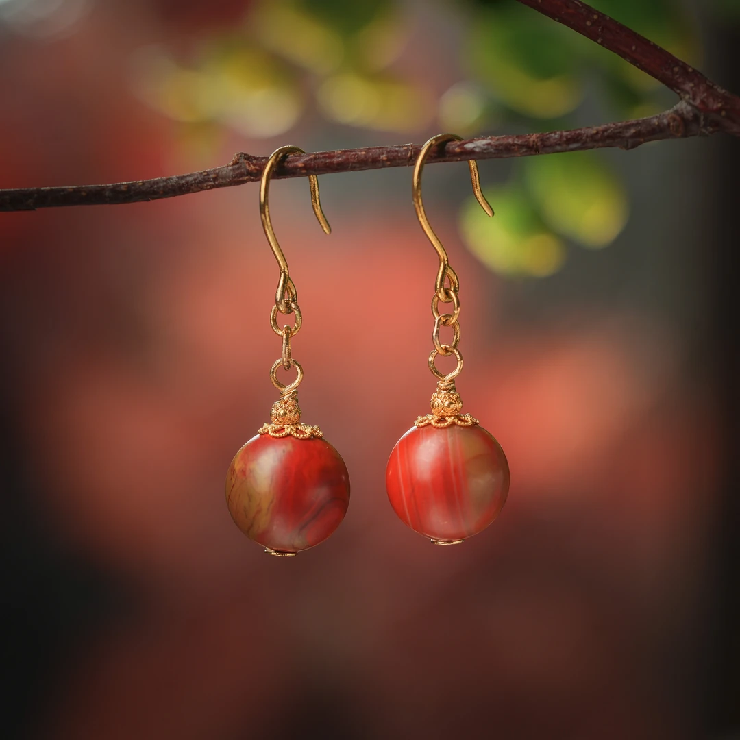 锦修·收藏级南红皮桨老料18K金耳坠AE0189约11mm