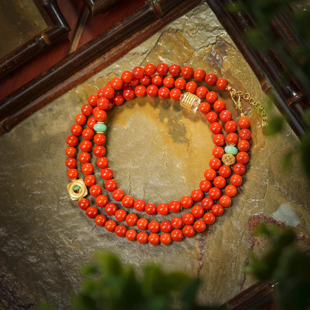 鸿筠·收藏级南红老料18K金108珠项链AD0782约8mm简约