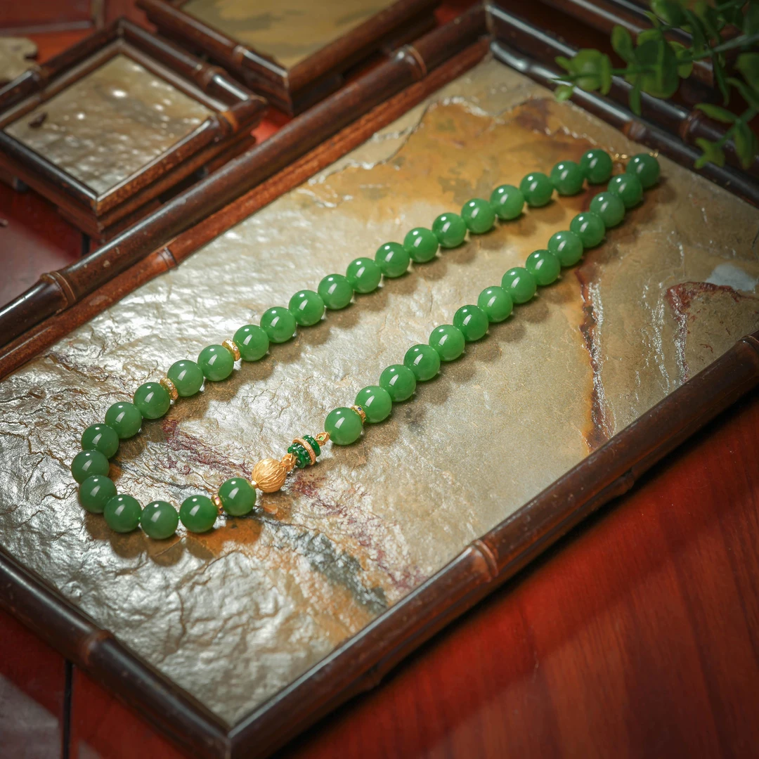 春意浓·传世级和田玉老俄碧18K金碧玉大美人链AD1299约11-12mm
