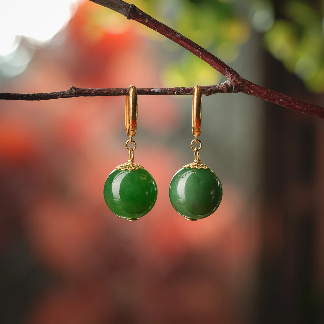 春声·典藏级和田玉碧玉老料18K金耳坠AE0185约14mm