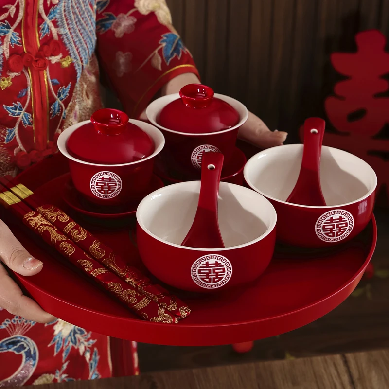 敬茶杯结婚敬酒婚礼对碗喜碗茶杯子碗筷套装改口陪嫁茶具红碗一对
