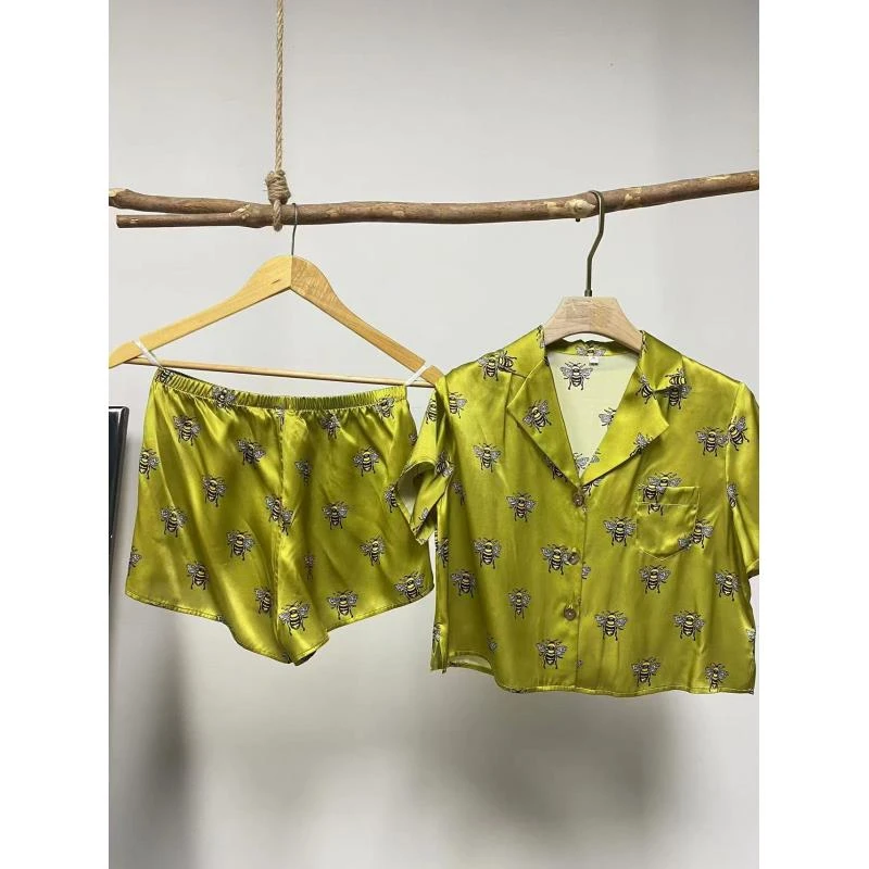 【老板娘自播】重磅花色小猫100%桑蚕丝短袖短裤T2181