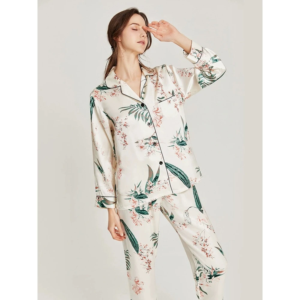 【日月禾 】女款长袖长裤套装百分百桑蚕丝家居服套装T2118