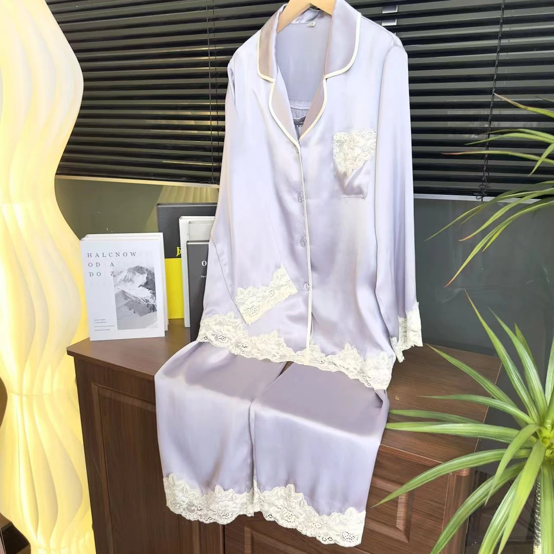 【日月禾 】100%桑蚕丝重磅时尚性感长袖长裤蕾丝裤套装T2238