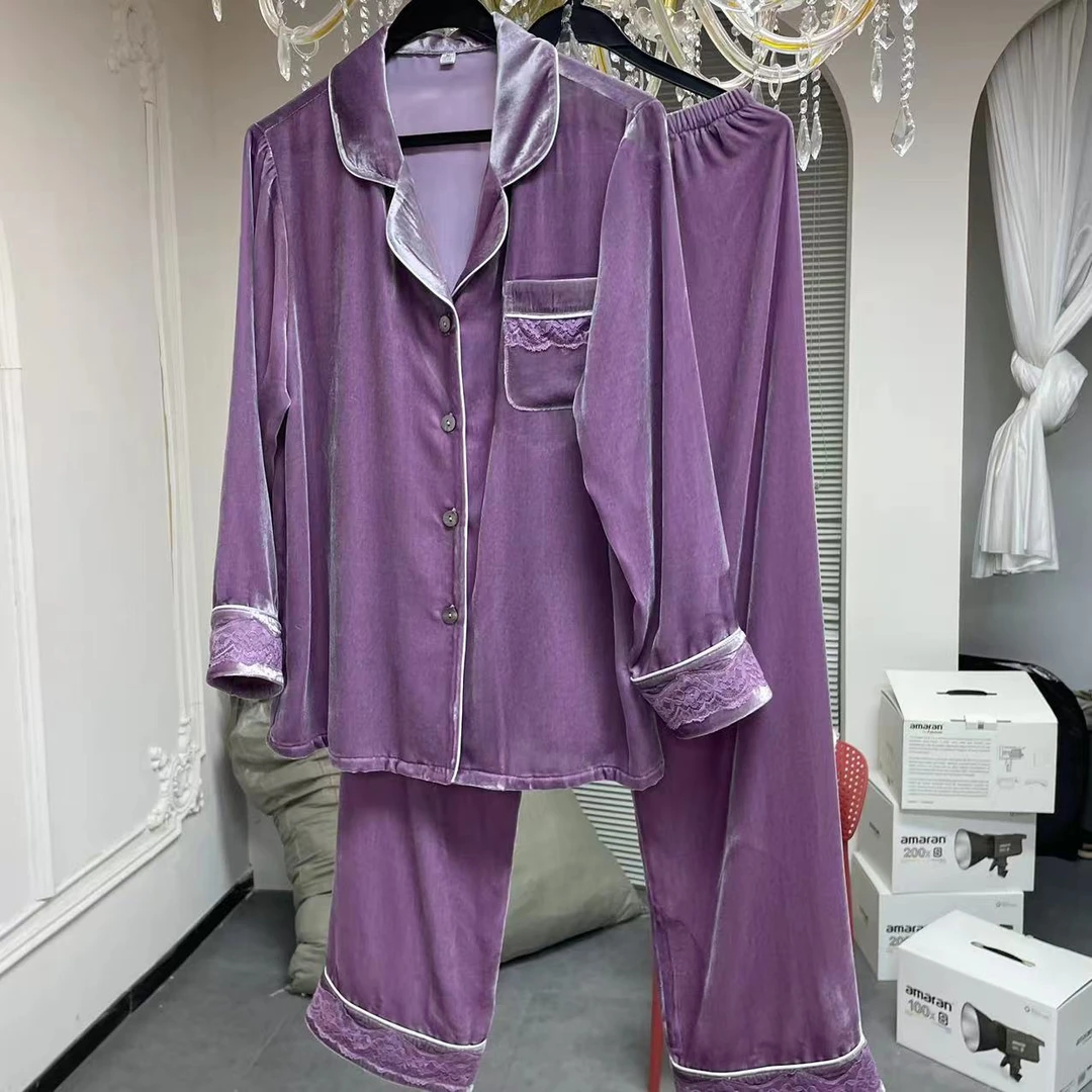 【日月禾】100%桑蚕丝丝绒重磅加密加厚真丝套装