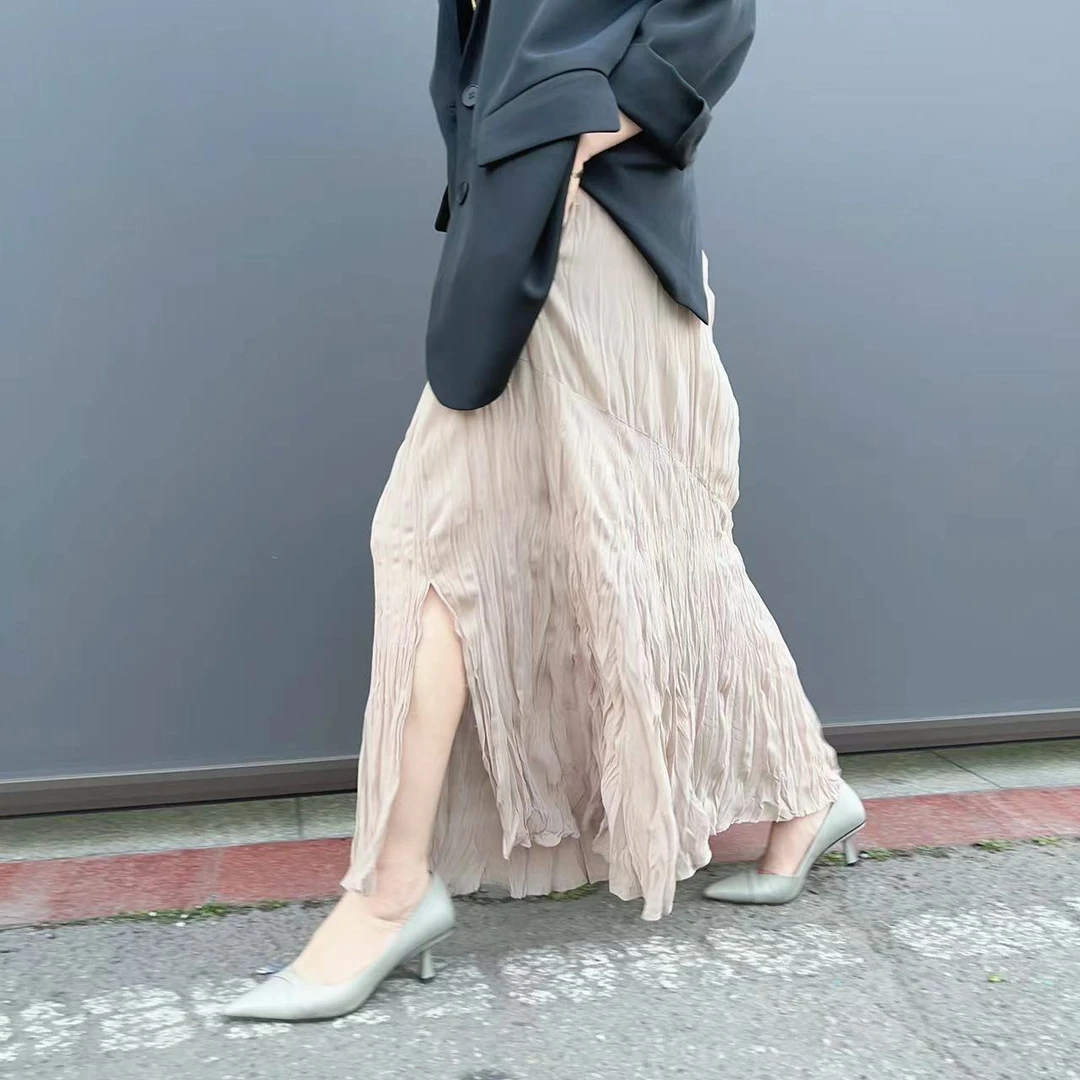 2507春夏轻薄不规则百褶开叉半裙